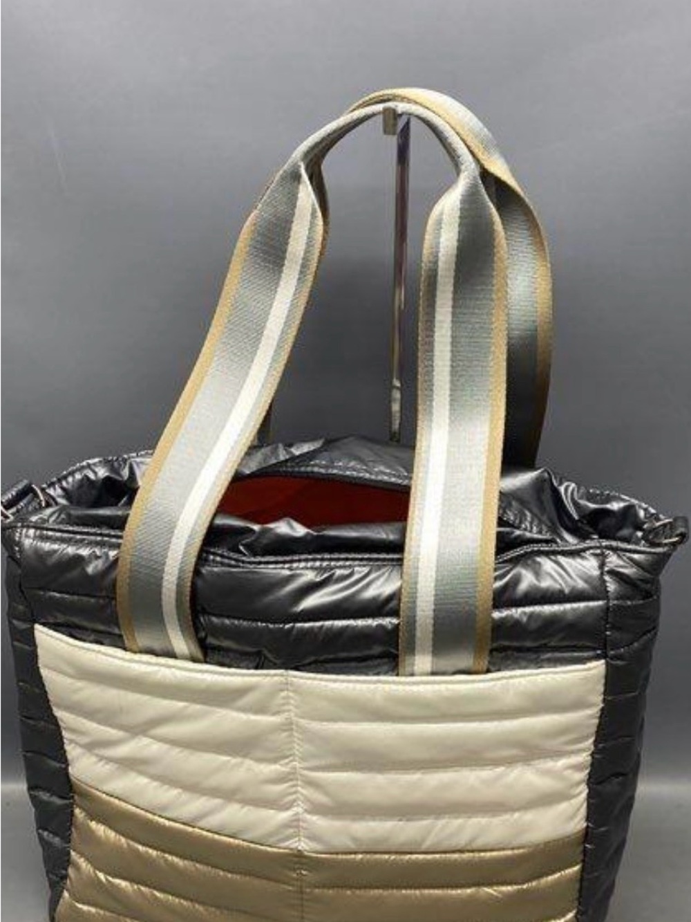 Think Roylin Quilted Puffer Tote Bag in Black, Cream & Gold with Striped Handles